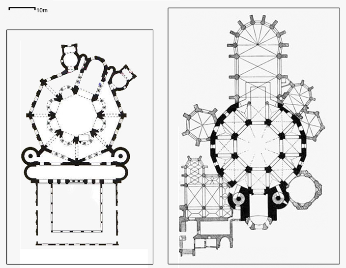Plans of the church of St Vitale in Ravenna, dating from the 6th century, (left) and Charlemagne's palace at Aachen, constructed in the early 9th century, (right). The similarities between the architecture (not just the decoration) of the two buildings shows that the design of the later building consciously looked to the earlier building as a source of inspiration.